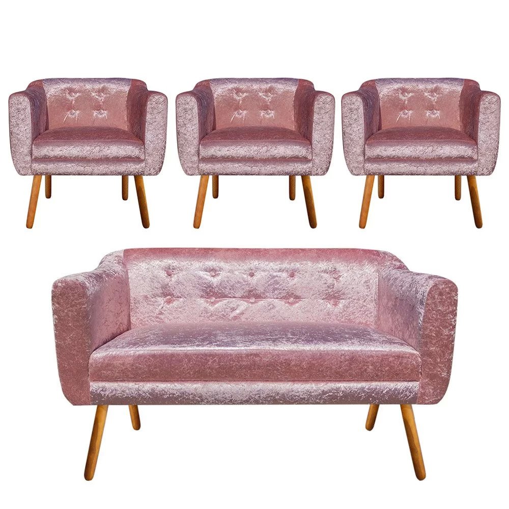 Menor preço em Kit Sofá Retrô Namoradeira 02 Lugares e 03 Poltronas Julia Acetinado Rose - D'Rossi