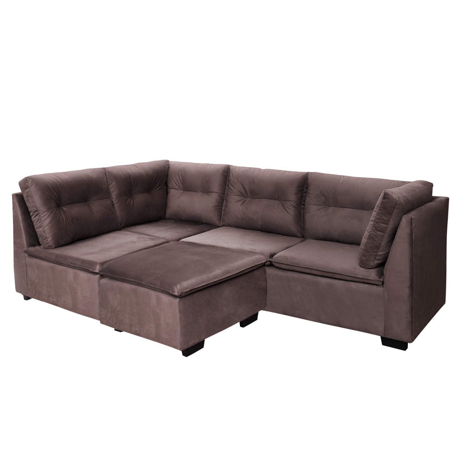 Sofá de Canto com Puff 4 Lugares Velut Stilo Hellen Estofados Café