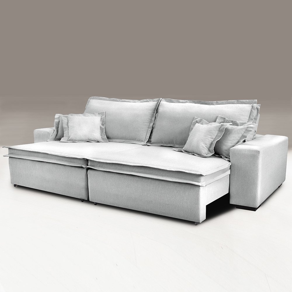 Sofa Retrátil e Reclinável com Molas Cama inBox Premium 2,32m tecido em linho Cinza Claro Cinza