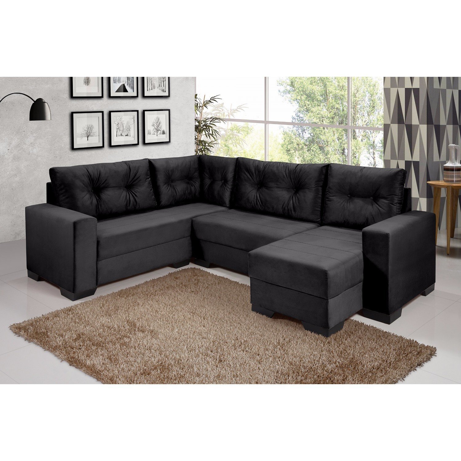 Sofá de Canto 5 Lugares com Chaise Maria Império Estofados Preto