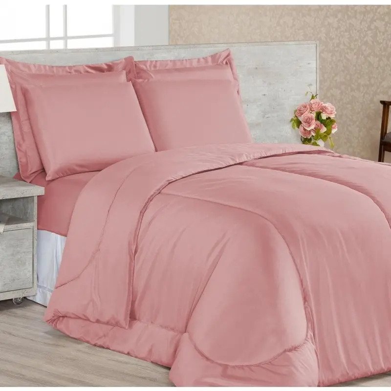 Kit Edredom Dupla Face Queen Confortable + Jogo de Lençol - 06 Peças - Rosê é boa?