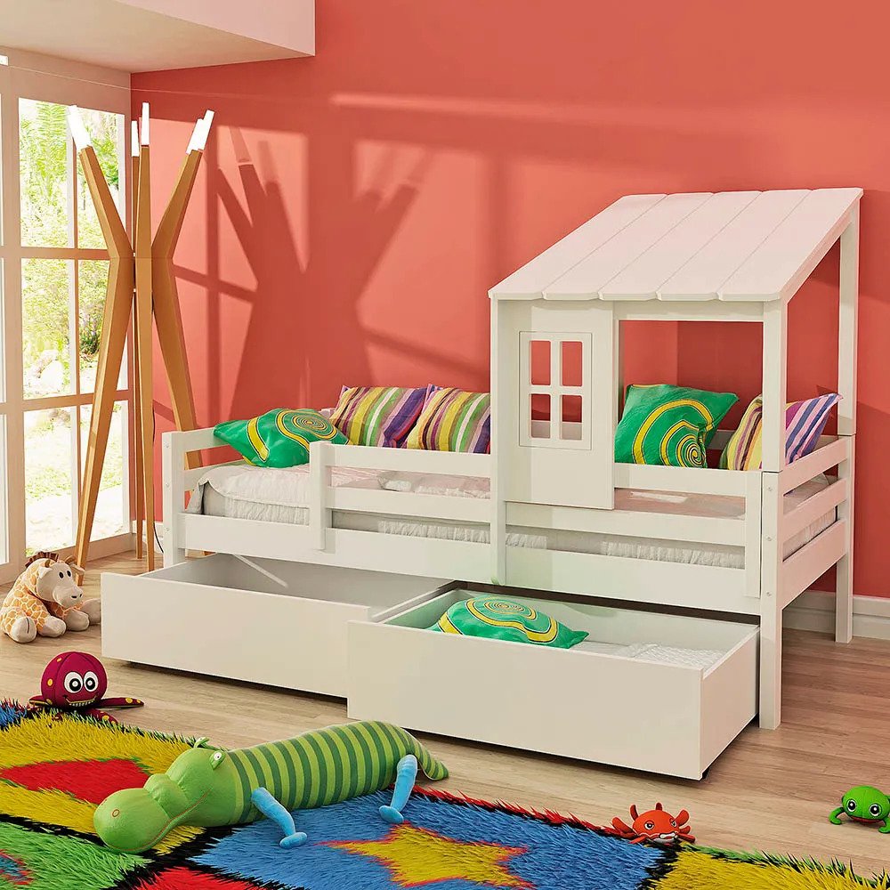 Cama Infantil Prime Com Telhadinho Ii 2 Gavetões E Grade De Proteção ...