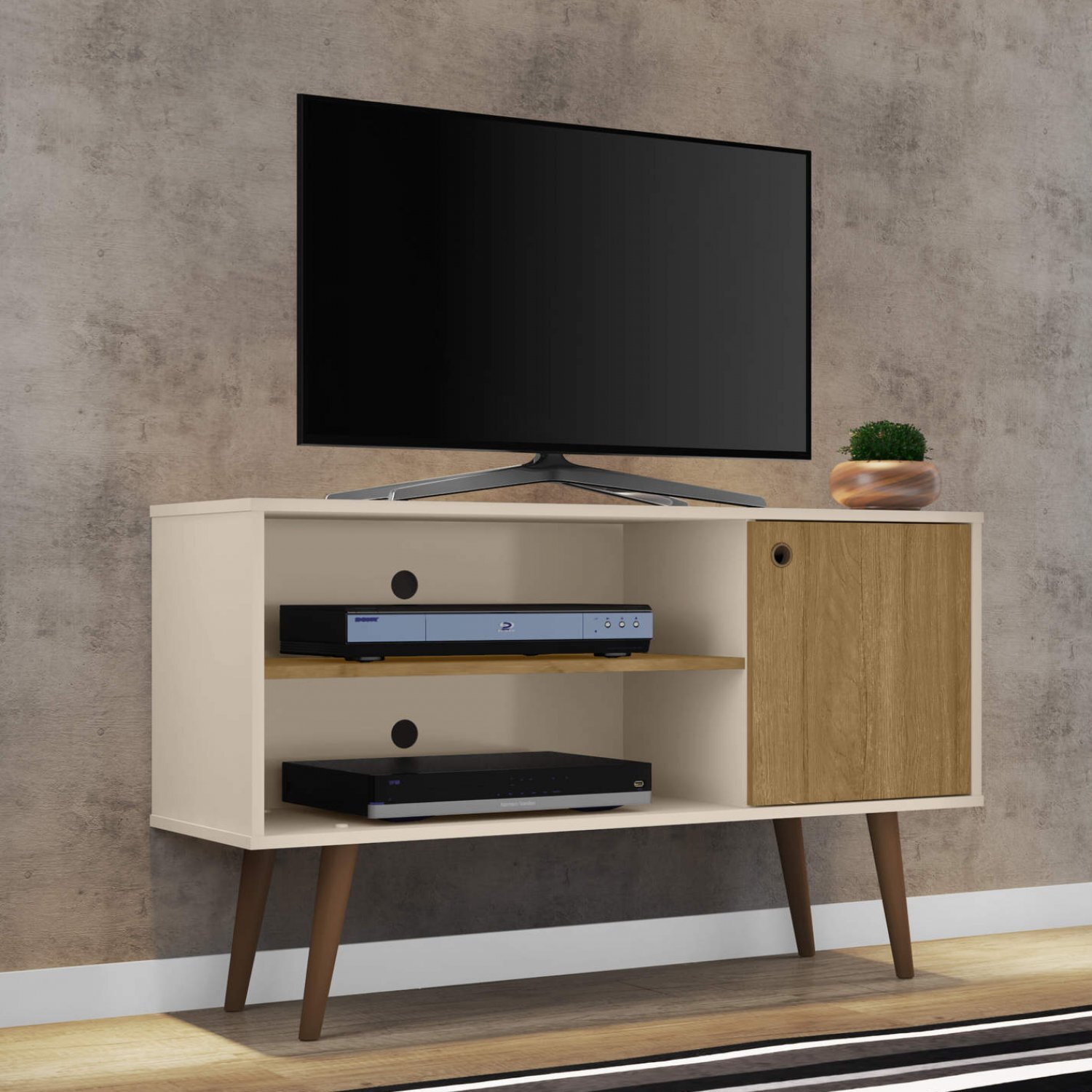 Rack para TV até 42 Polegadas 1 Porta Retrô Jade Móveis Bechara Off White/Cinamomo Off White