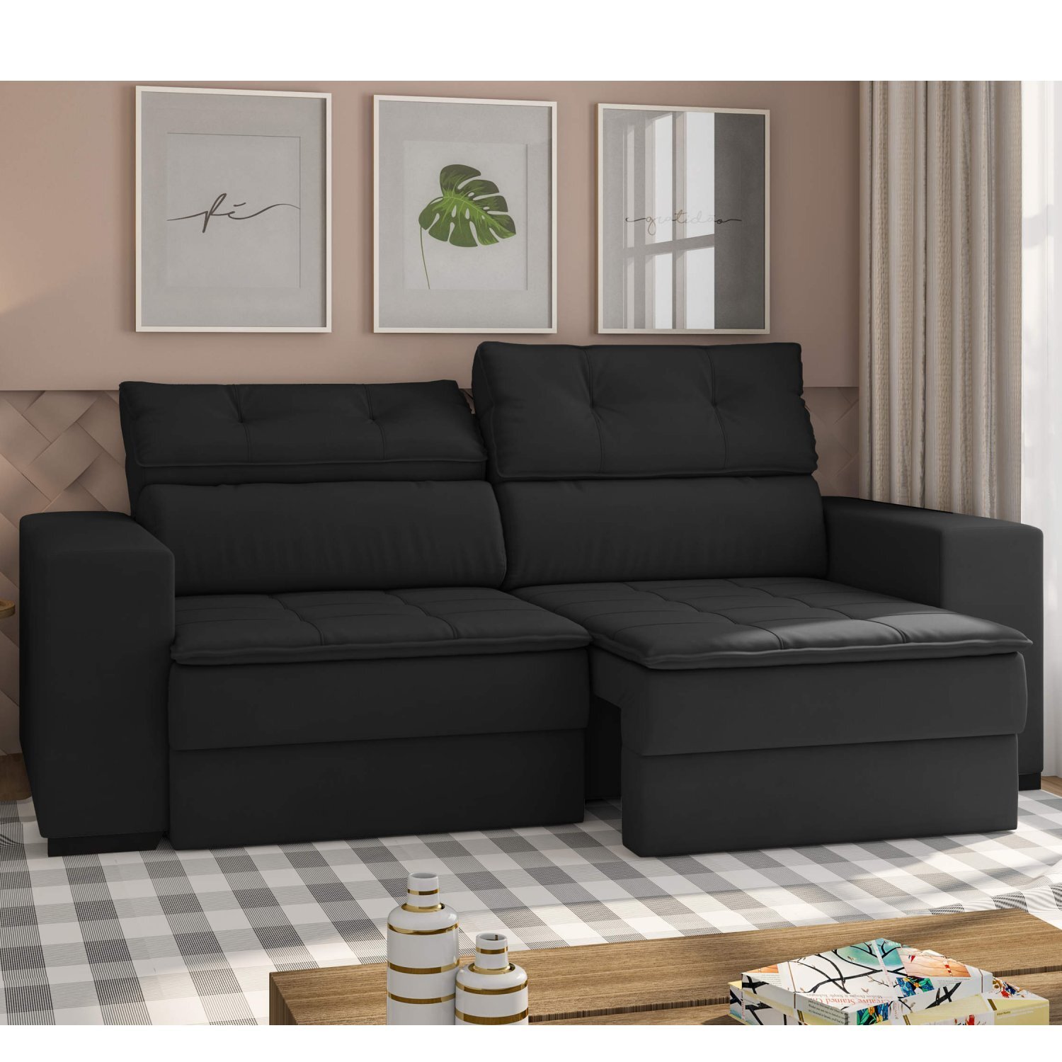 Sofá Retrátil 4 Lugares Paris Espresso Móveis Madeira Eucalipto Preto