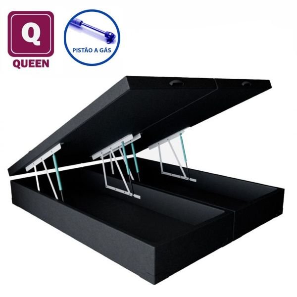 Cama Box Baú Queen size Bi partida em Corino preto com Pistão a gás 158x198x27 MadeiraMadeira