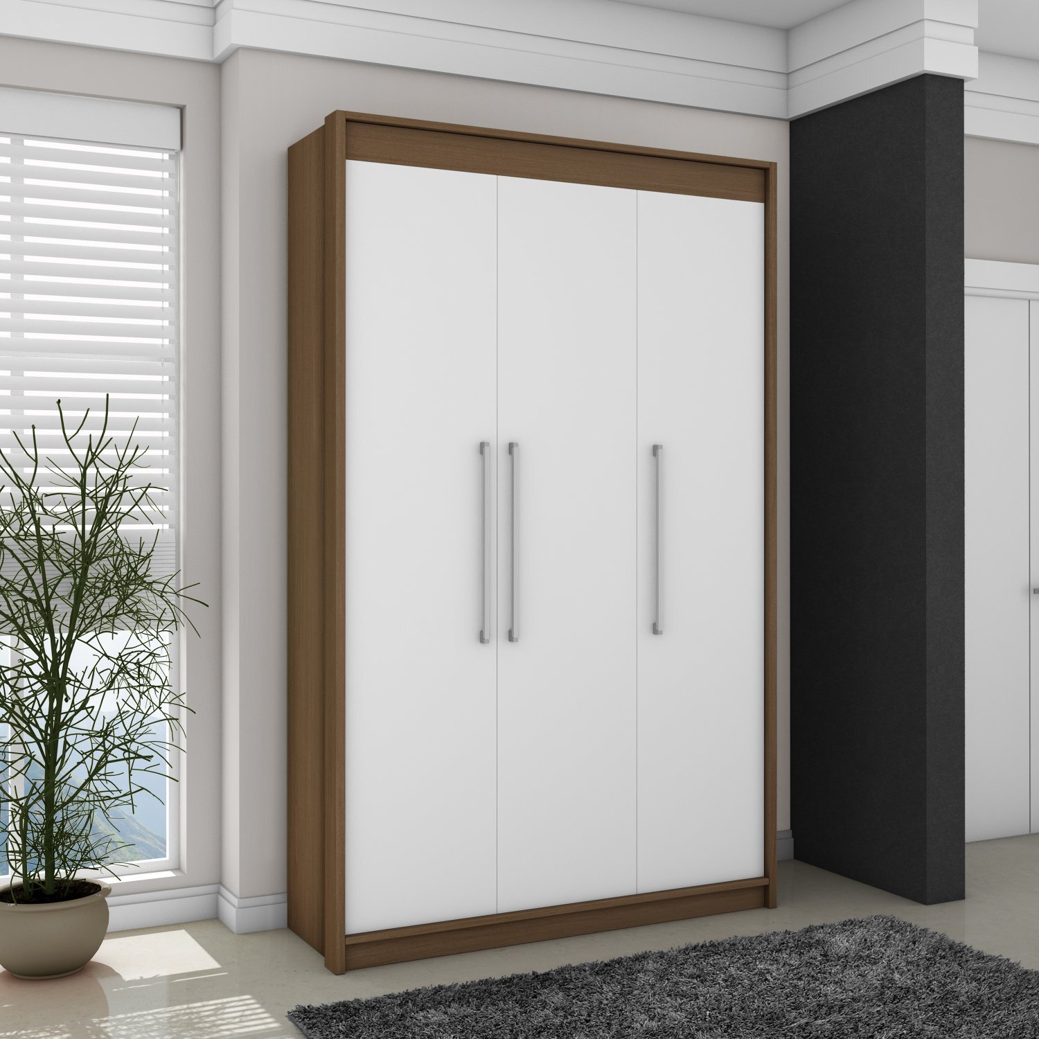 Guarda Roupa Solteiro 3 Portas Vegas Fama Móveis Ipê/Branco