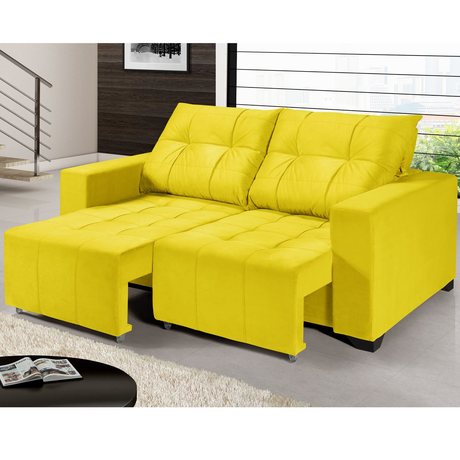 Sofá Retrátil 2 Lugares Hector Império Estofados Amarelo MadeiraMadeira