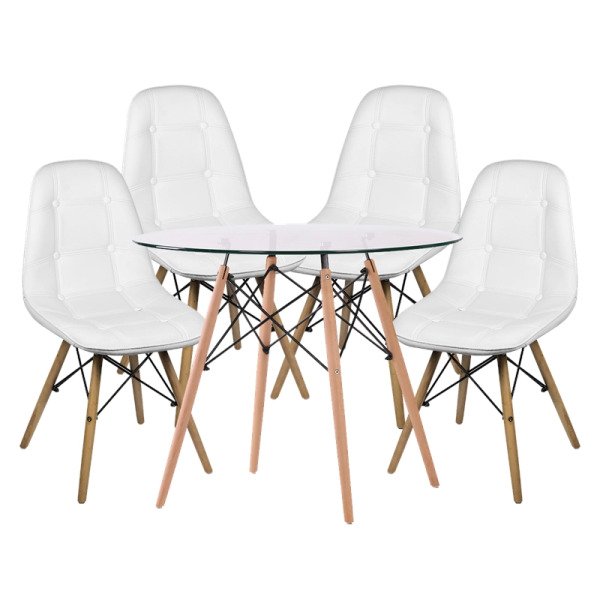 Conjunto Mesa 90cm Eames Tampo de Vidro com 4 Dkr Botone Madeira branca Inovakasa Branca Menor preço em Conjunto Mesa 90cm Eames Tampo de Vidro com 4 Dkr Botone Madeira branca Inovakasa Branca