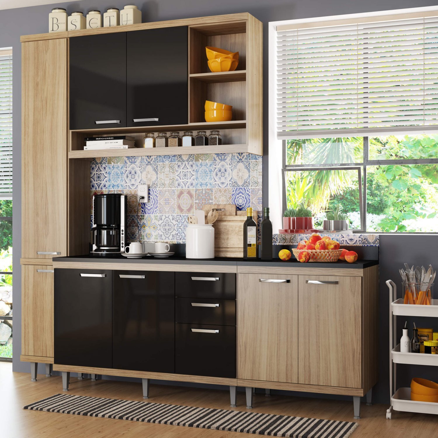 Menor preço em Cozinha Completa com Balcão com Tampo 5 Peças 8 Portas Sicília Multimóveis Argila/Preto