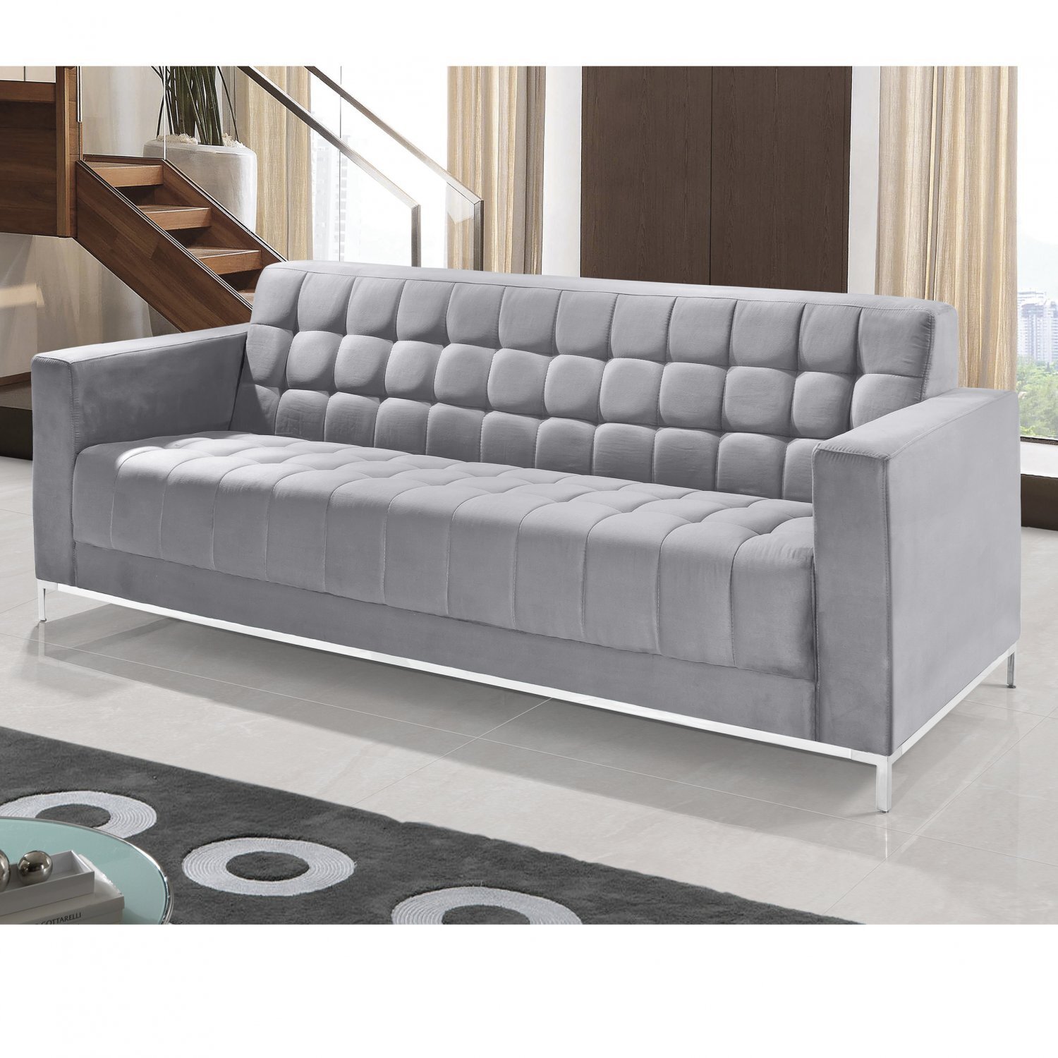 Sofá 4 Lugares em Veludo Liso Classic 220cm Império Estofados Cinza