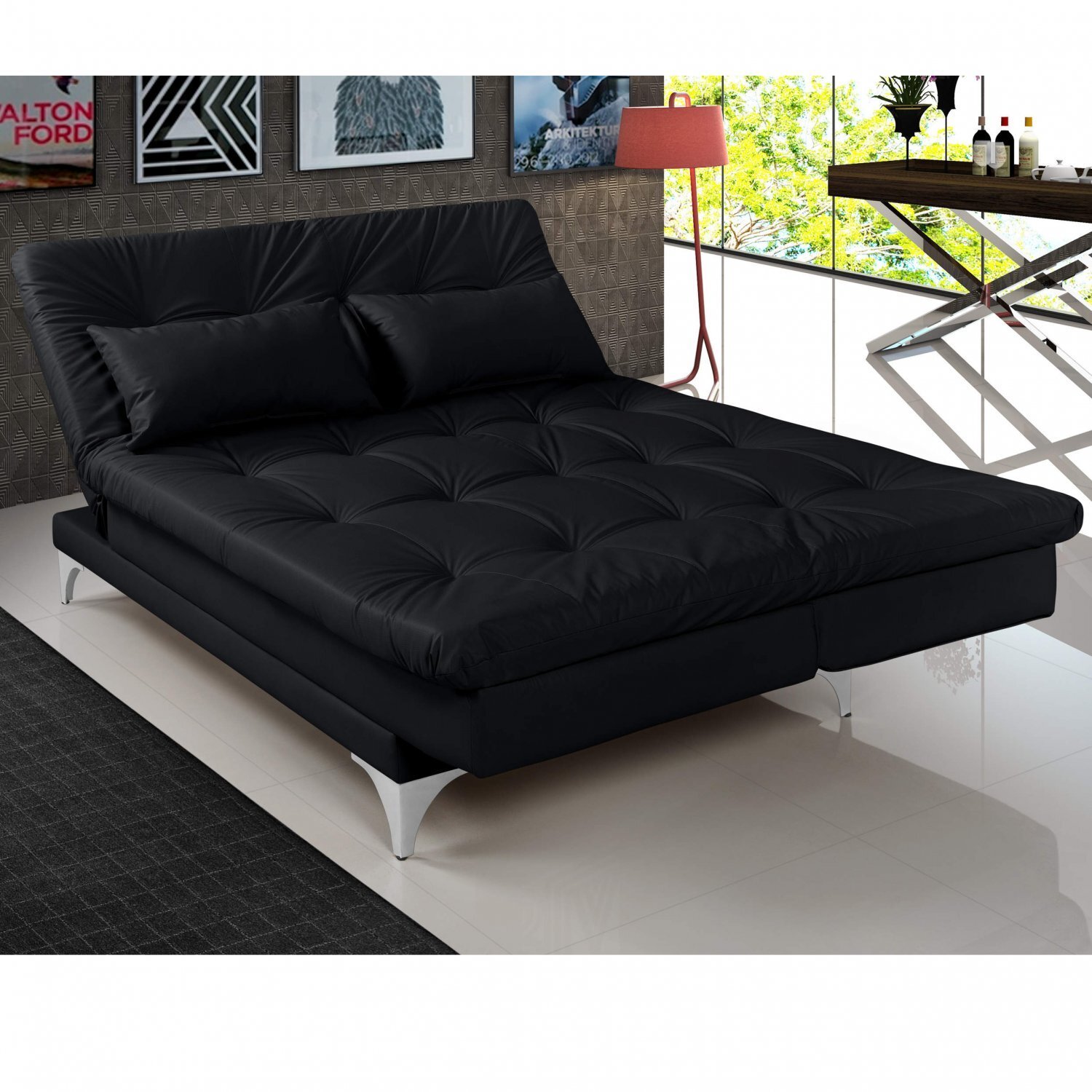 Sofá Cama 3 Lugares Versátil Império Estofados Preto MadeiraMadeira