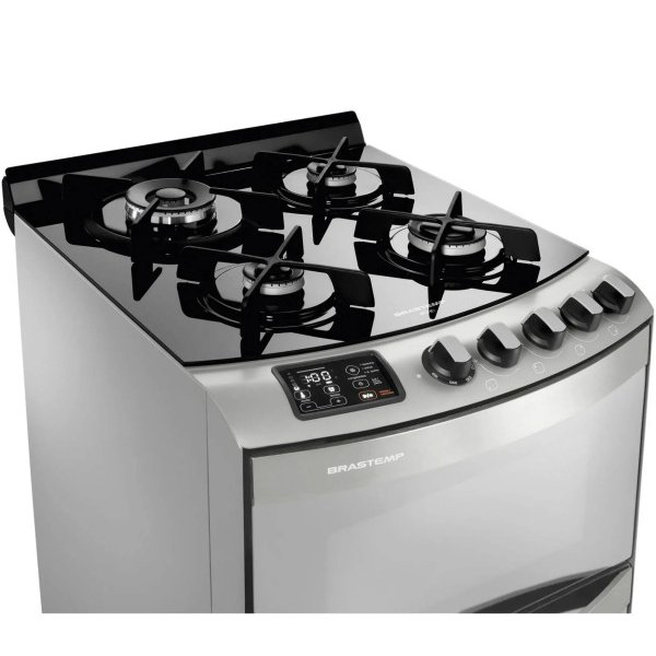 Fogão Brastemp 4 bocas cor Inox com mesa de vidro e grill BFD4VAR