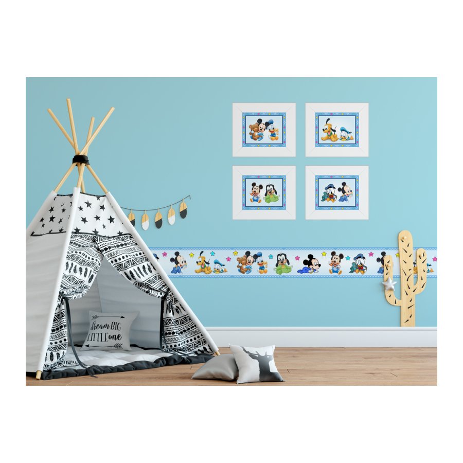 Kit Com 4 Quadros Infantis Quarto De Bebe Mickey Baby Azul Madeiramadeira
