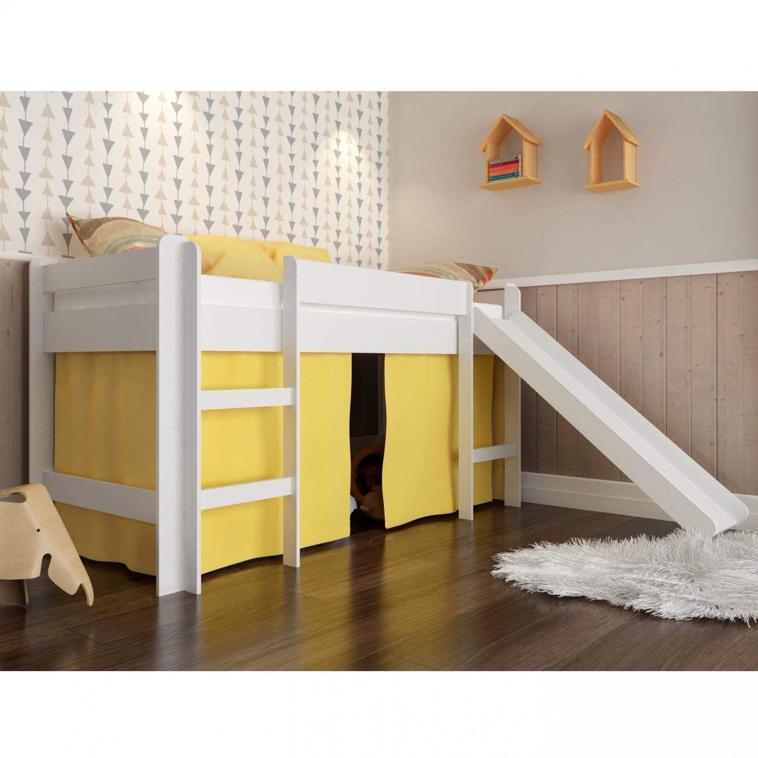 Cama Infantil Alta com Escorregador Completa Móveis Branco Menor preço em Cama Infantil Alta com Escorregador Completa Móveis Branco