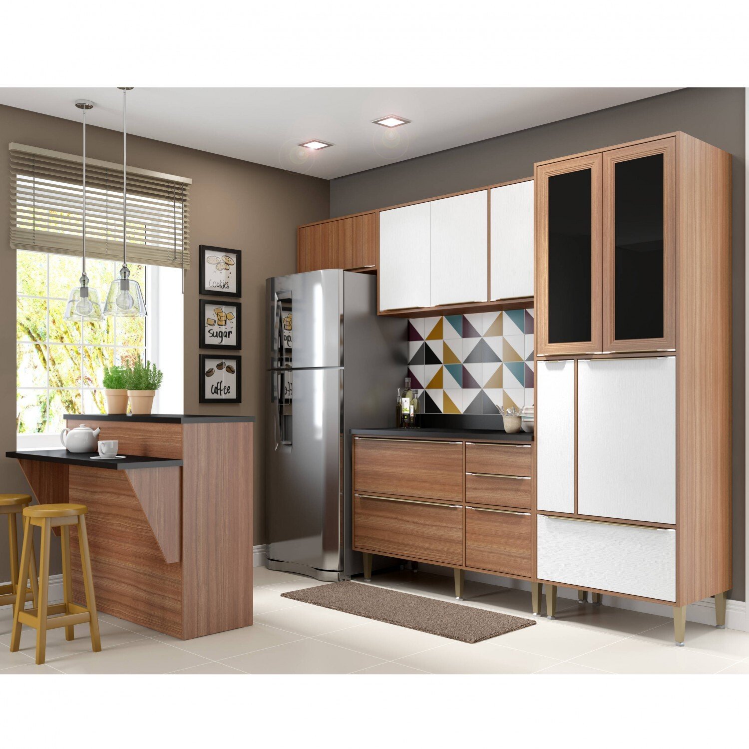 Cozinha Completa com Bancada e Balcão com Tampo 6 Peças Portas de Vidro Calábria Multimóveis Nogueira/Branco Menor preço em Cozinha Completa com Bancada e Balcão com Tampo 6 Peças Portas de Vidro Calábria Multimóveis Nogueira/Branco