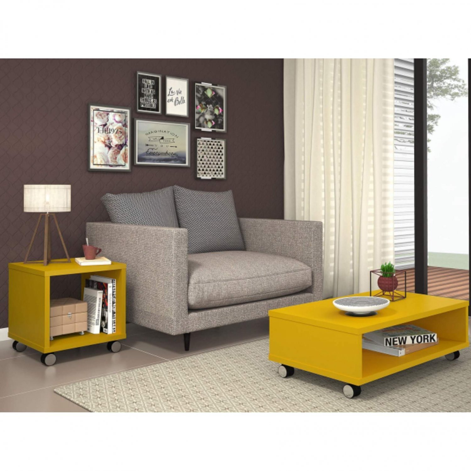 Sala de Estar com Mesa de Centro e Mesa Lateral Art Amarelo