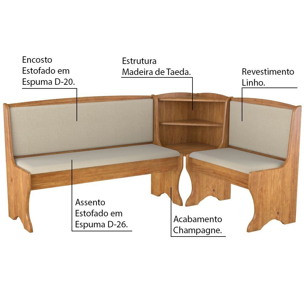 Banco Canto Alemão Para Cozinha Sala De Jantar Madeira Taeda Champagne ...