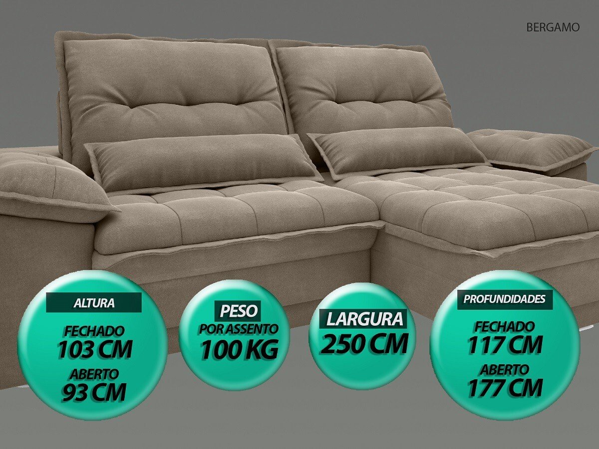 Sofá Bergamo 2,50m Assento Retrátil e Reclinável Velosuede Capuccino