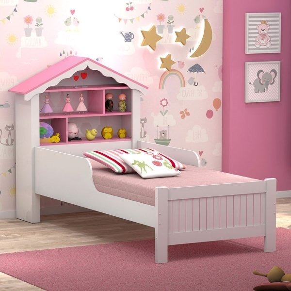 Cama Casa Menina Rosa Solteiro com Colchão | MadeiraMadeira