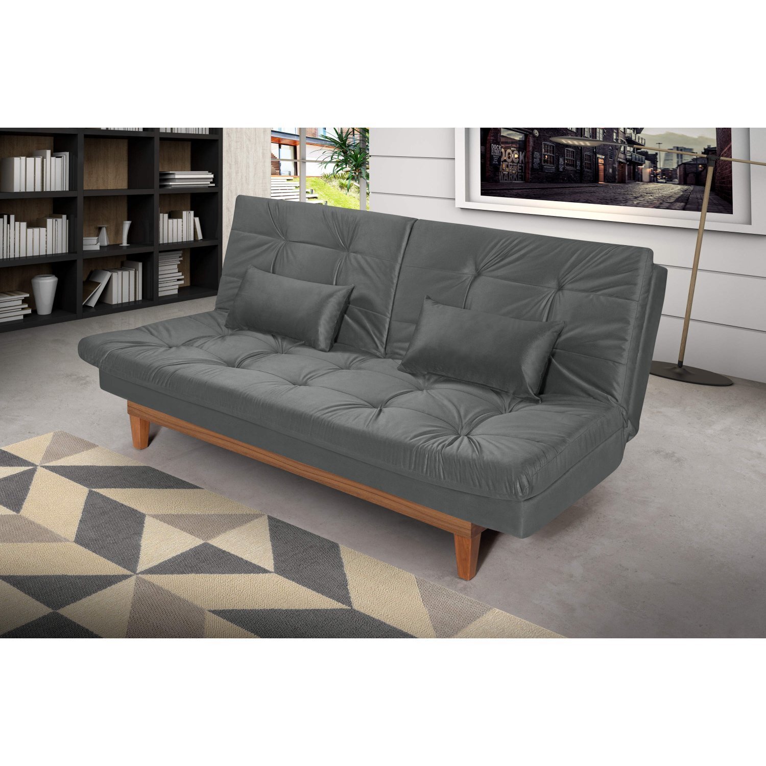 Sofá Cama 3 Lugares Pratic Madeira Siena Móveis Cinza MadeiraMadeira