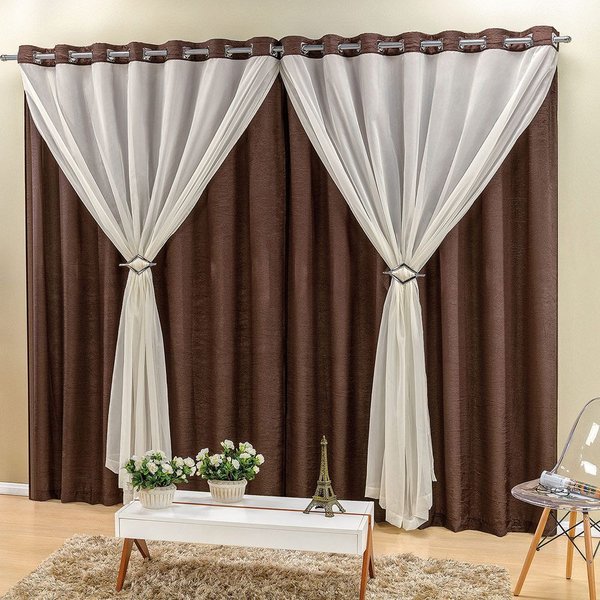 Cortina para Sala 3,00m x 2,60m Napoli Tecido Seda Tabaco Marrom