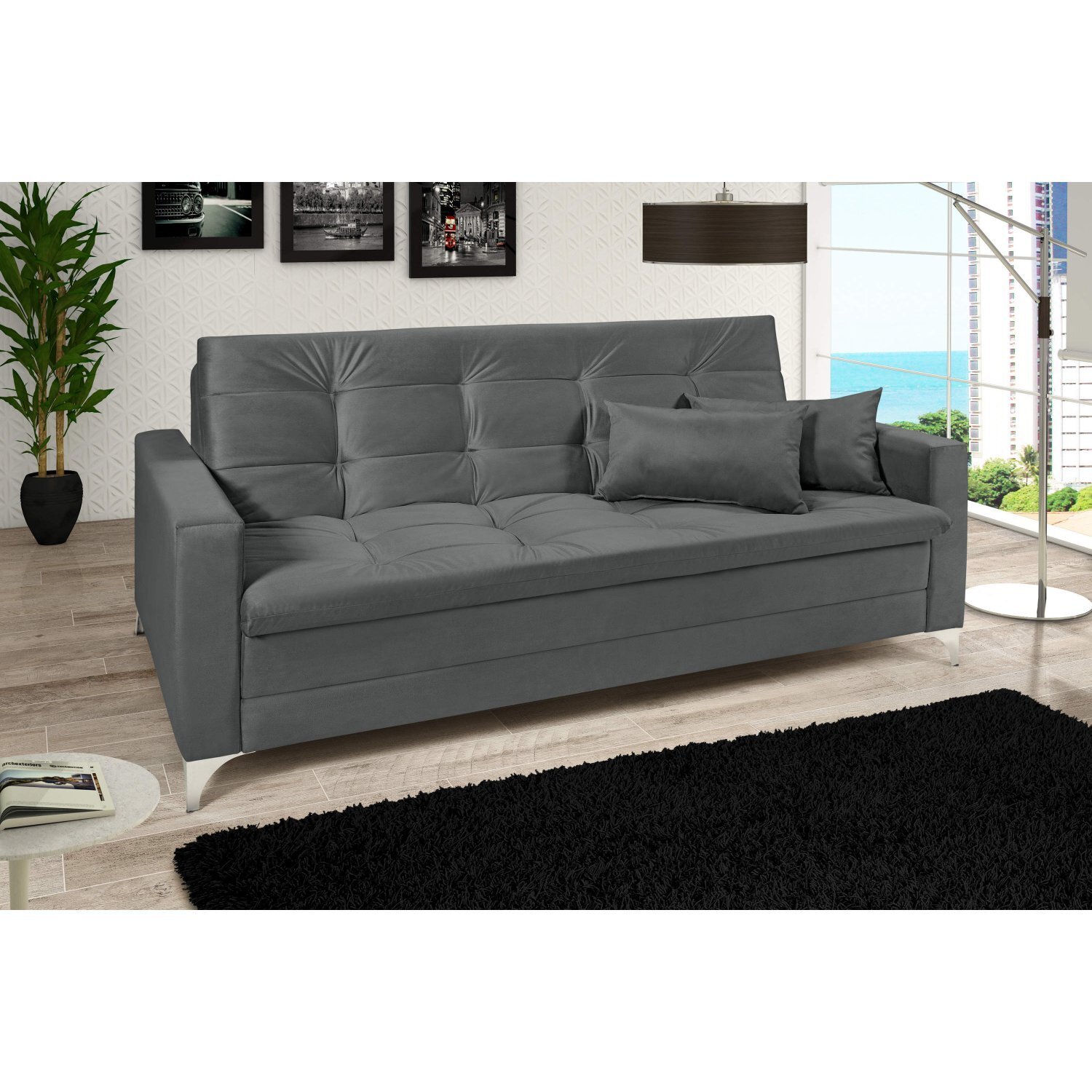 Sofá Cama 3 Lugares Reclinável Facility Império Estofados Veludo Cinza MadeiraMadeira