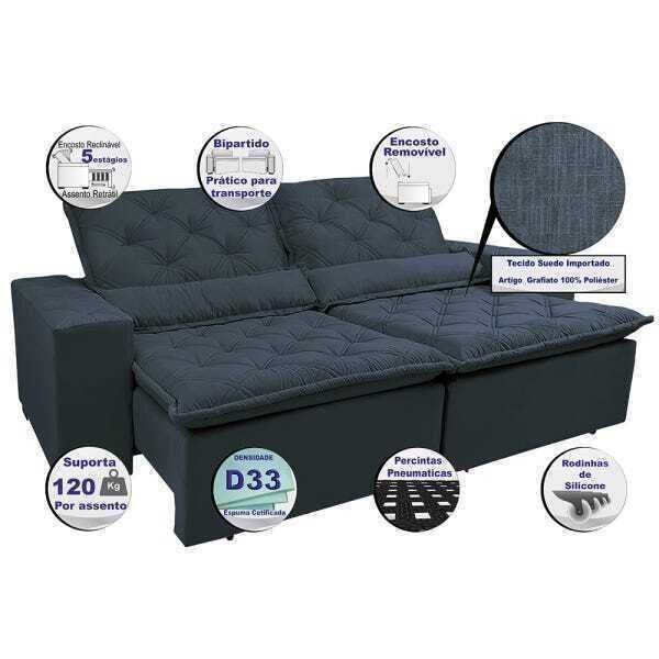 Sofá Lisboa 2,32m Retrátil, Reclinável com Molas no Assento Tecido
