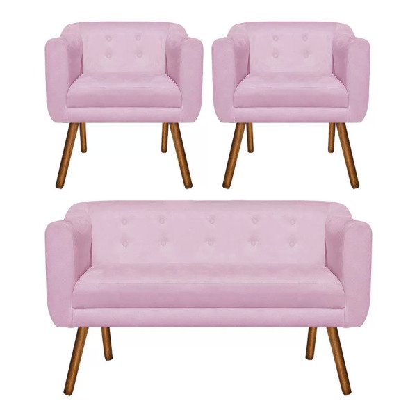 Kit Sofá Retrô Namoradeira 02 Lugares e 02 Poltronas Júlia​ Suede Rosa Bebê - D'Rossi Menor preço em Kit Sofá Retrô Namoradeira 02 Lugares e 02 Poltronas Júlia​ Suede Rosa Bebê - D'Rossi