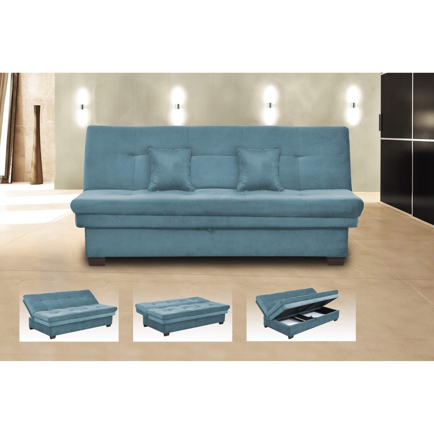 Sofá Cama Reclinável com Baú 3 Lugares Filó Matrix Azul MadeiraMadeira