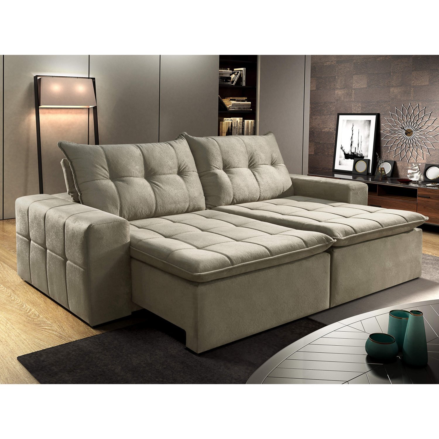 Sofá Retrátil 4 Lugares Siena Móveis Bege MadeiraMadeira