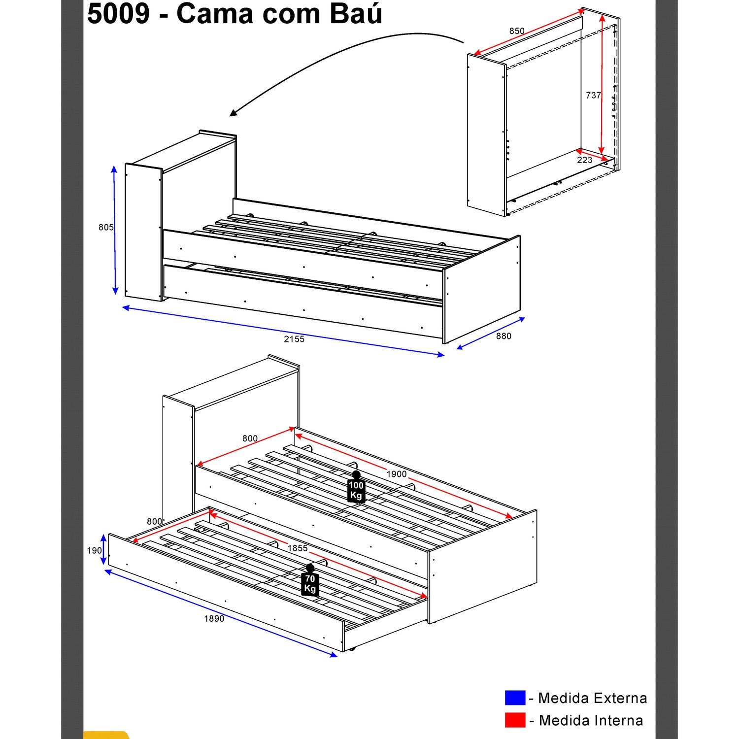 Cama Solteiro com Auxilia re Baú Multimóveis Branco Brilho | MadeiraMadeira