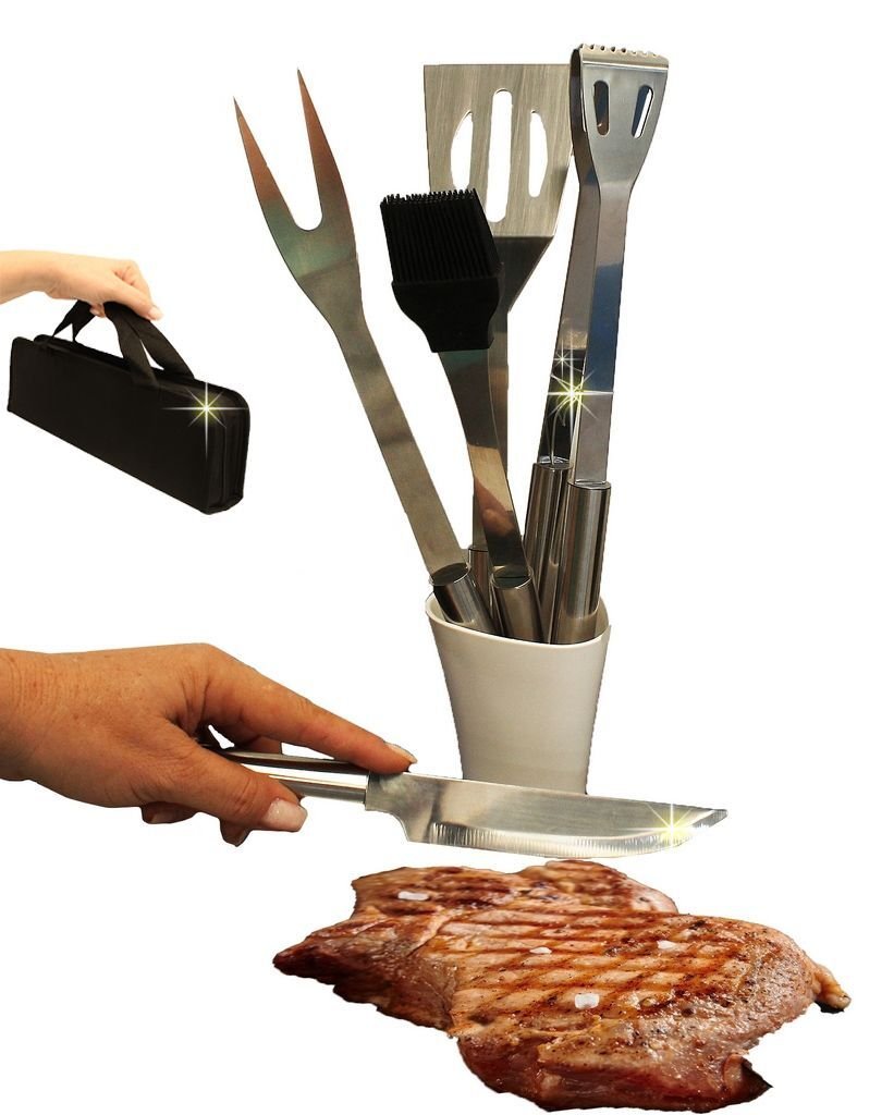 Kit Churrasco 5 Peças Em Inox Com Estojo Garfo Pegador Faça Pincel Espátula é boa?