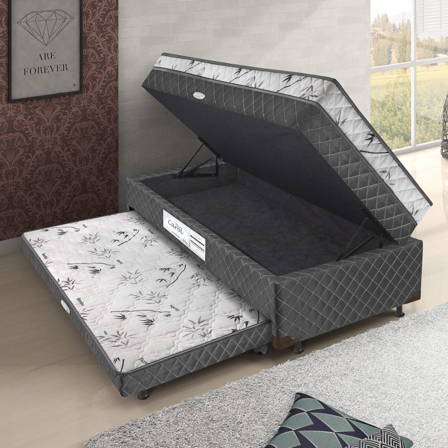 Cama Box Solteiro Conjugado 62cmx88cmx188cm com Cama Auxiliar e com Baú Carol Somopar Cinza Cama Box Solteiro Conjugado 62cmx88cmx188cm com Cama Auxiliar e com Baú Carol Somopar Cinza