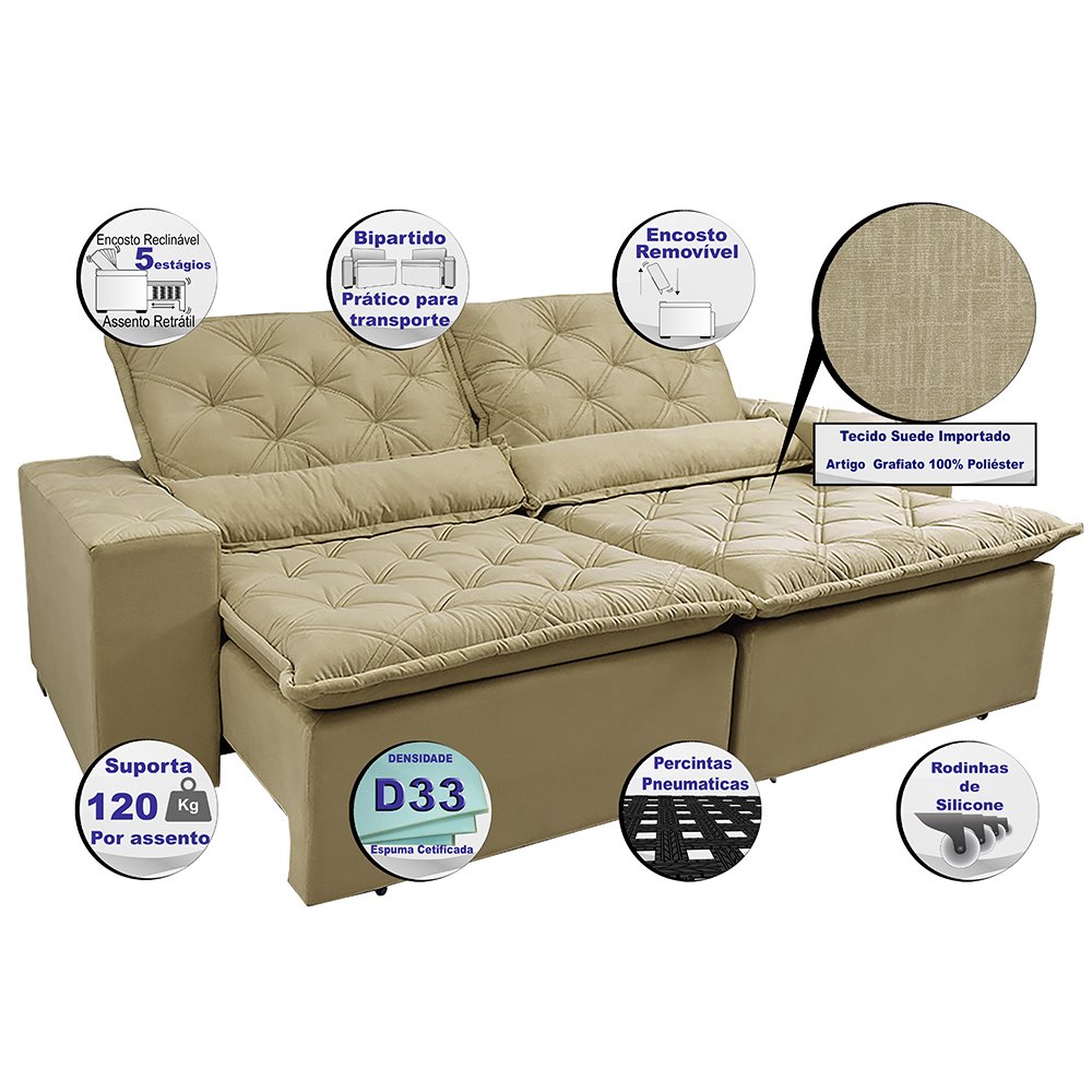 Sofá Lisboa 2,52m Retrátil, Reclinável com Molas no Assento Tecido Suede Grafiato Cama InBox