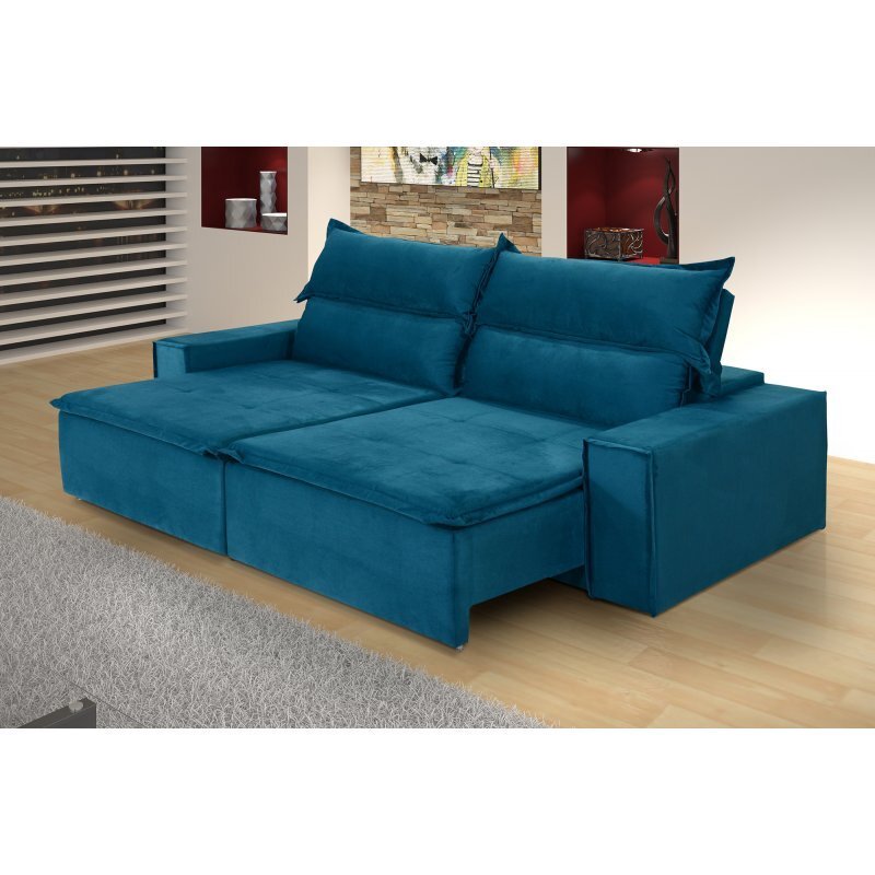 Sofá 4 Lugares Ethios Retrátil e Reclinável Veludo Azul Turquesa